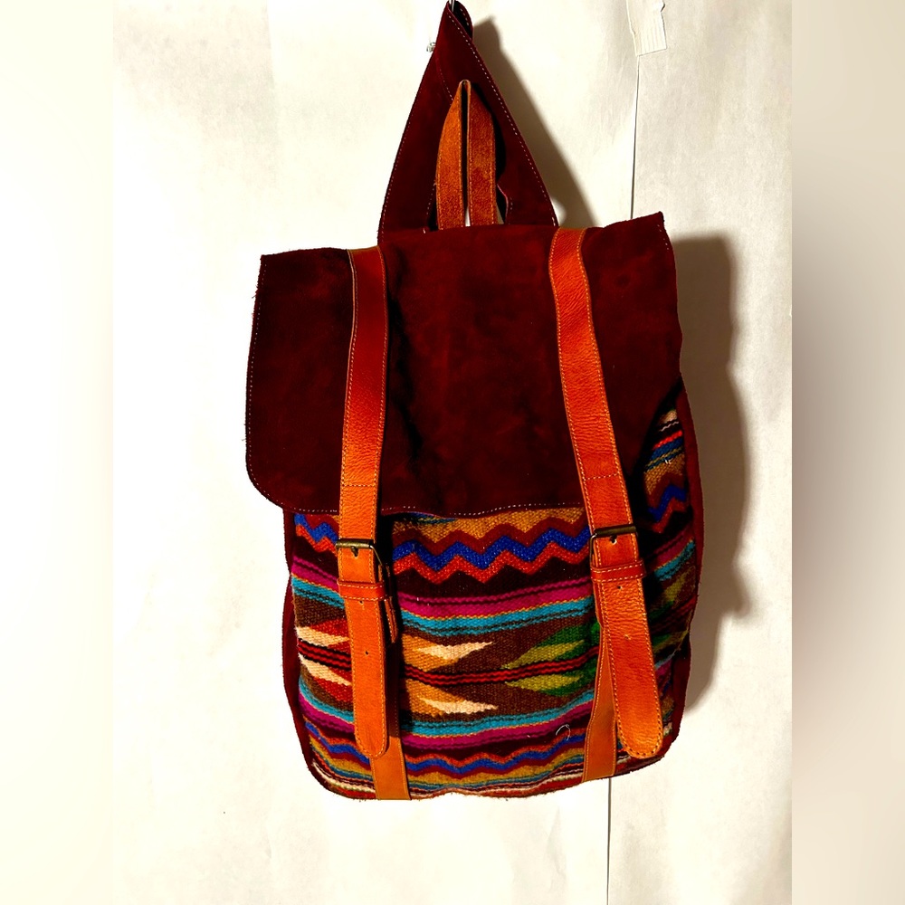 Unique ABC backpack. Artesian print vibrant. Burgundy suede.